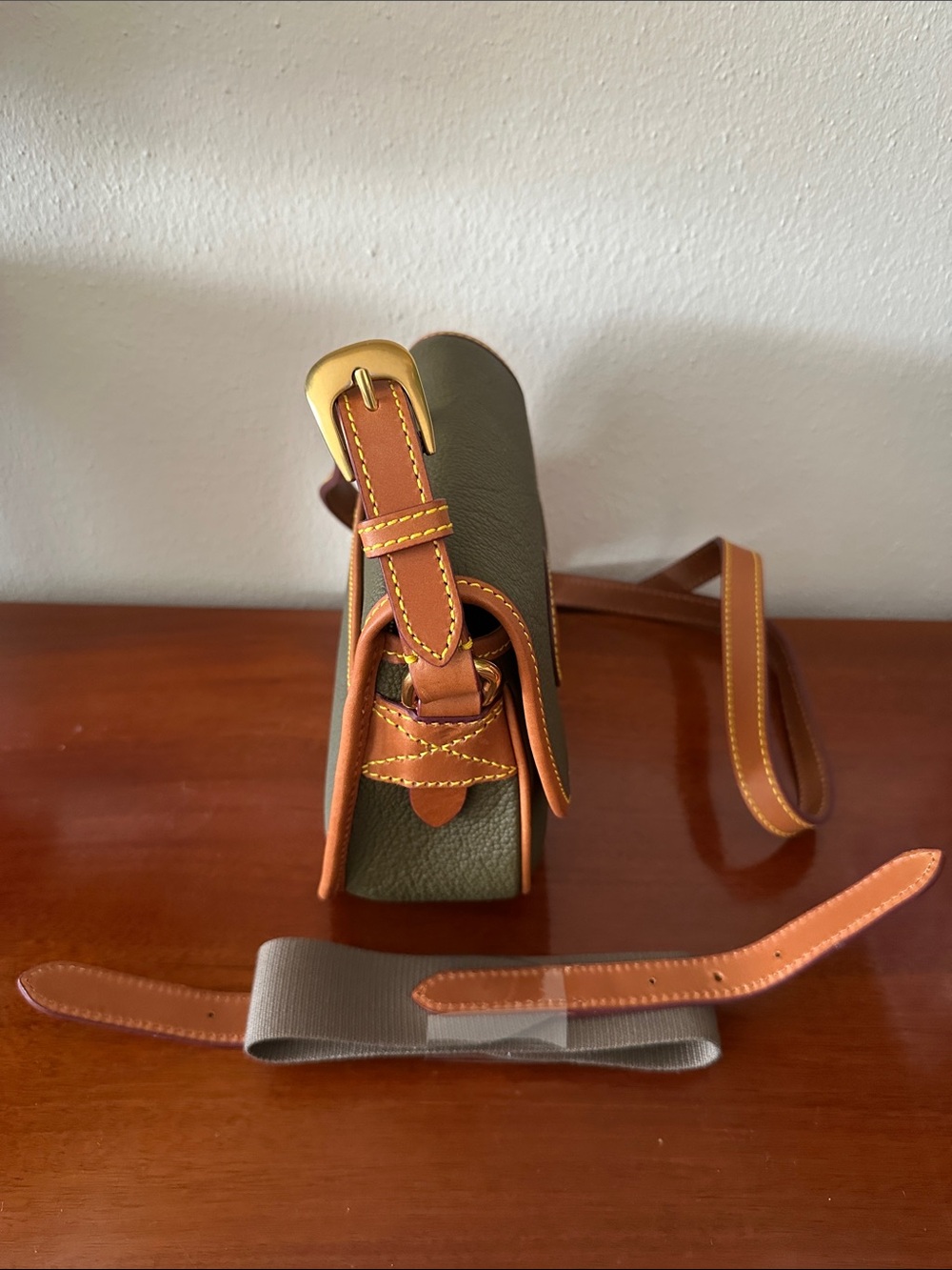 Dooney & Bourke Compact Olive Crossbody with Tan Trim - Picture 6 of 8